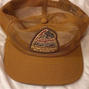 Patagonia NetPlus Trucker Hat We Stand For The Waters Brown Mesh Snapback